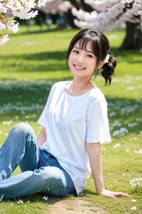 「A 35 year old cute Japanese woman。has dark hair up to her shoulders blowing in the wind、has a bright smile。She has small breasts、She is casually wearing a white t-shirt and light blue denim。At the spring park、She sits under cherry blossoms in full bloom、i...