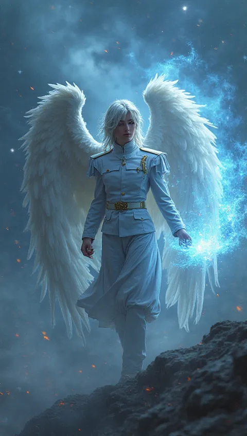 fantastic beauty、live-action、 perfect balance 、high definition、16k、Clear Images、fantasy closer to reality、Pitch black sky、Beautiful boy angel in a tight white military uniform with white hair, fluffy, medium hair that spreads big white wings、A tornado that...