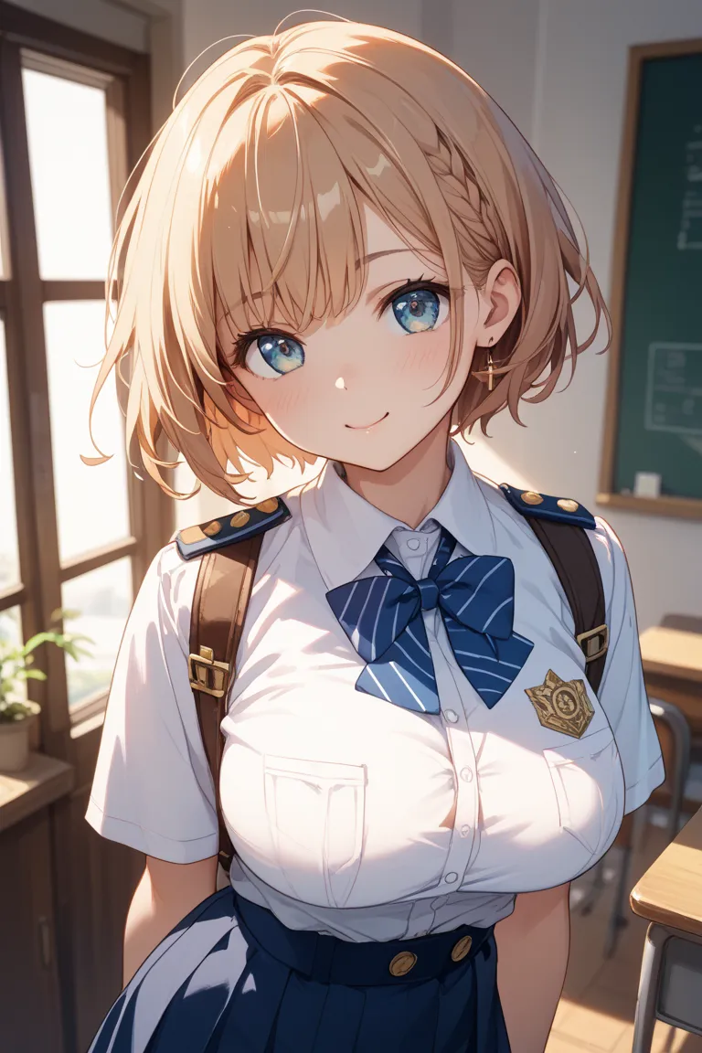 cute、Big Breasts、HD、short hair、 Gold、uniform、schools、class、 shot from the front