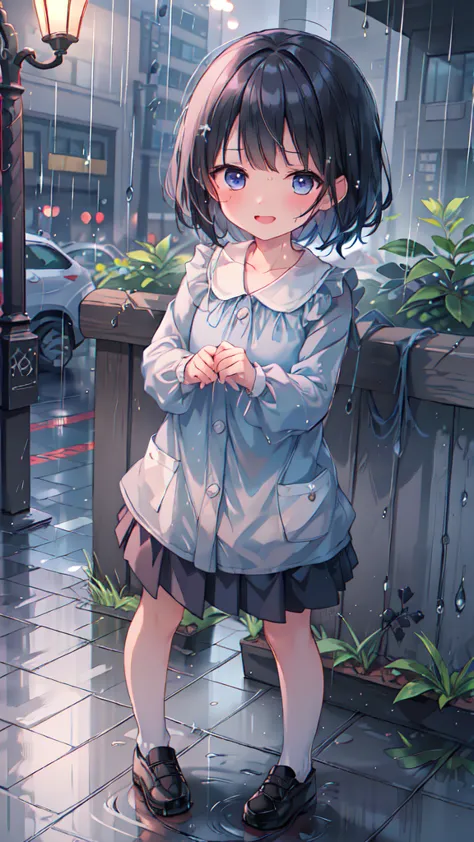 absurd, ５age, Kindergarten Mom's Clothes, blue smock,  dark blue skirt ,  cute, Heavy Rain, It's pouring down very violently, soaked, Street lamp, ENERGETIC, fun,  best smile,  with wet clothes , Water-soaked Smock, Drenched, Wet Skirt, Wet Skirt, 