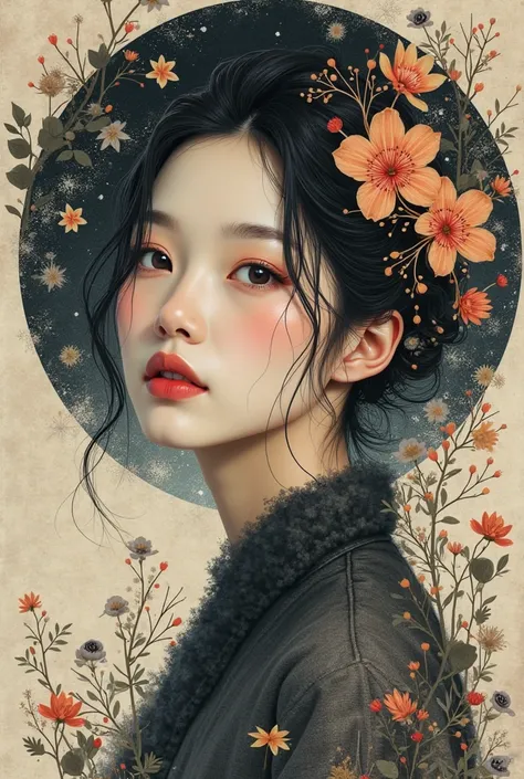 Asian woman, Pretty Face, Black tones, Wabi-sabi art, illustration, painting, Parchment Art, Abstract , flowerpunk, surrealist artwork, Impermanence