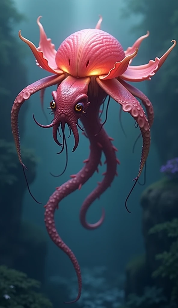 create , creative,  abstraction, flying predatory creature that combines the shape of a lily flower and an octopus with a sea cuttlefish, a realistic flying creature,   flower-like , and cuttlefish dome  , the petals are elongated ,  of bright colors  \ , ...