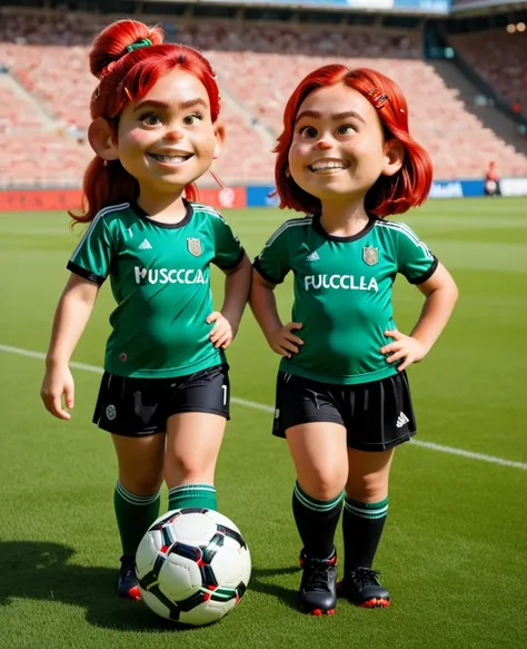 Victory and defeat in women's soccer. Chubby red-haired freckled girls playing soccer. One team will win, the other will lose. There can only be 1 left, Oliver and Benji style Ultra-realistic Pixar 3D version 