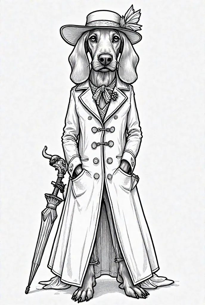 Beautiful impressive Vizsla in Mary Poppins costume with closed umbrella whose handle is in the shape of a parrot head in Peaky Blinders style as a coloring page in black and white