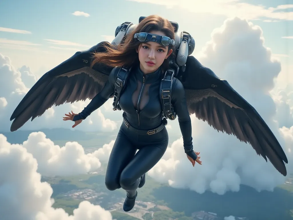 8k,photo realistic,a girl flying in the sky、she wearing full black suit,she was higher than the clouds,beautiful cloud,close up face,she wearing a jet pack with huge high tech wings,she wearing high tech google