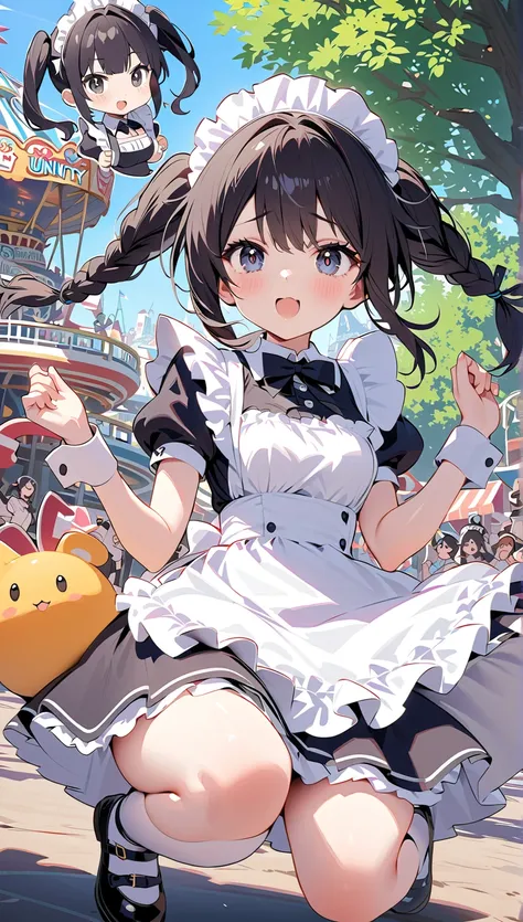 Masterpiece top quality Unity 8k,( double ponytail), maid outfit, dark hair,Braid,Black Eyes,Cute expressions， perfect figure,   amusement park