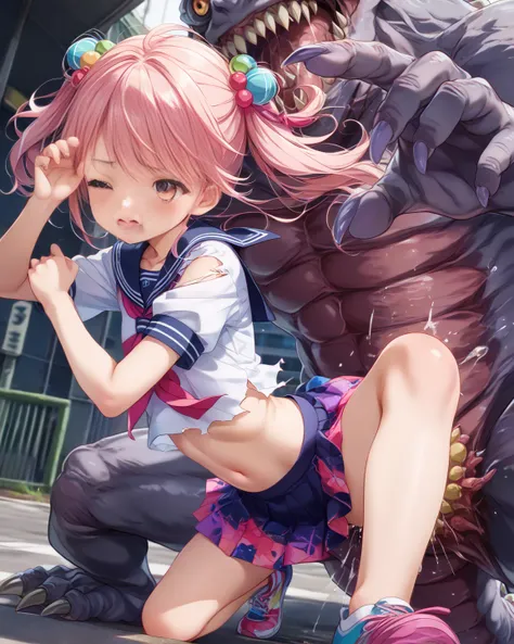  TOP QUALITY、((Ultra Fine Illustration)),(The girl&#39;s whole body is visible、 Anime Girl 、A monster is hitting a girl:1.9), high definition,  Anime Girl 、cute、detailed skin texture with hair on back of hand, detailed fabric texture,   extreme detailed ex...