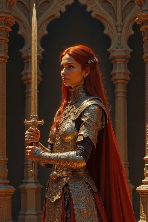 She has very big boobs, a slim waist, big butt, long red hair, and tattoos.She has a beautiful Russian face and a bright smile.  I'm holding a huge sword with my hand.I'm wearing colorful, tight armor.You can see a huge palace.