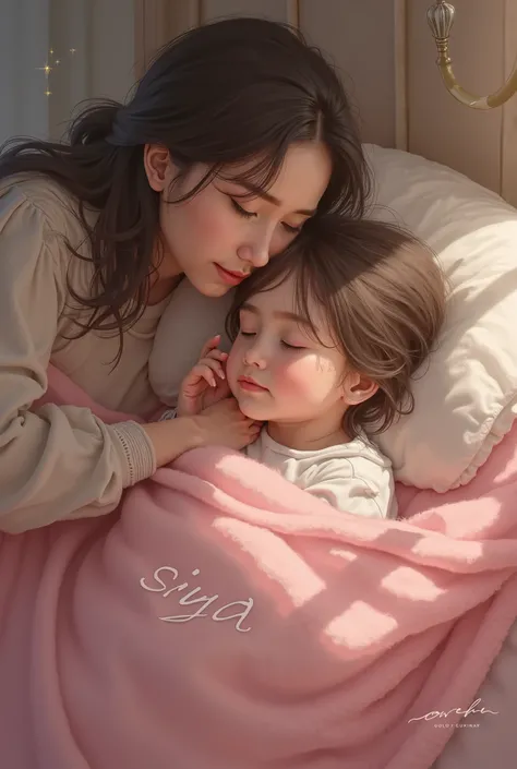 A  girl sleeping in pink blanket written siya and her mother playing with   