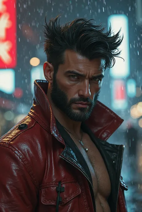 Wolverine ofvil's cyberpunk (Professional 3D renofring:1.3) of (realistic:1.3) foto of arte mais bonita do mundo，Soft Features, brilliant male hero, ((筋肉質of英雄的なfantasy seen downof荒々しい男性濡れた英雄of怒った表情長い髪短いひげと動的なポーズ, Great place, majestoso ambiente ofsorofnado...