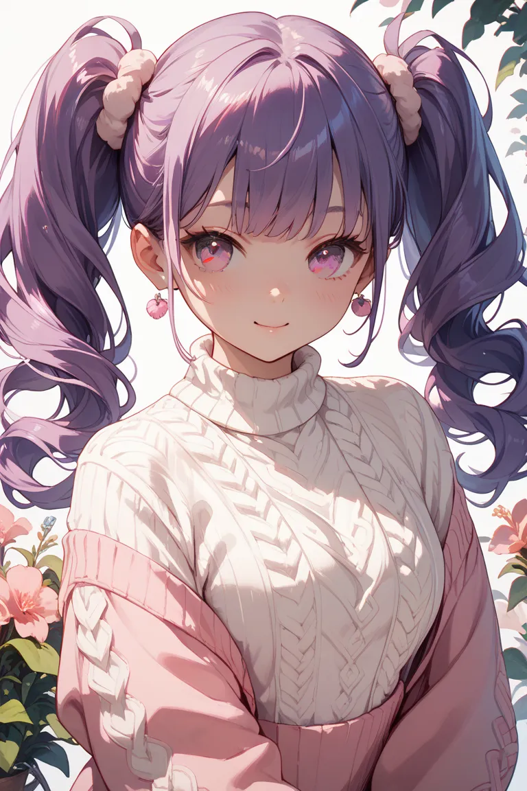 purple hair, twin tails, pink eyes, white knit, pink jumper