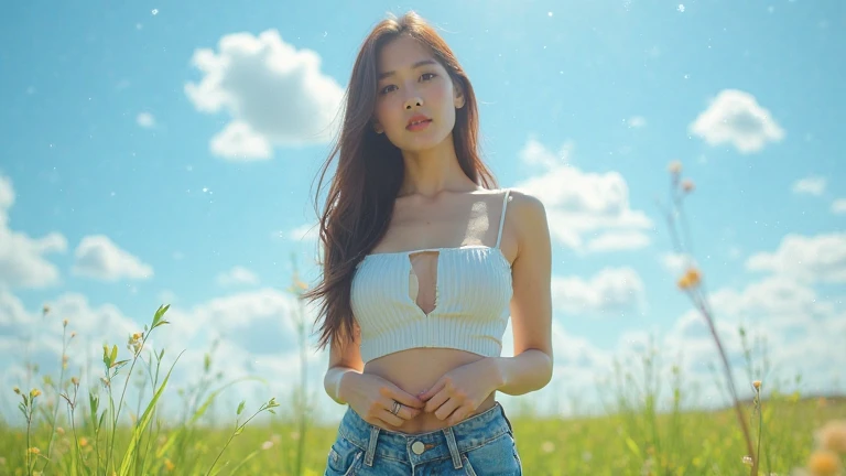 A 20s Japanese woman standing in a field with a bright blue sky and white clouds. Green grass with gently floating leaves. She wears a sexy white ribbed top with a bold open chest design and denim shorts. She lightly pinches her top with her fingers, creat...