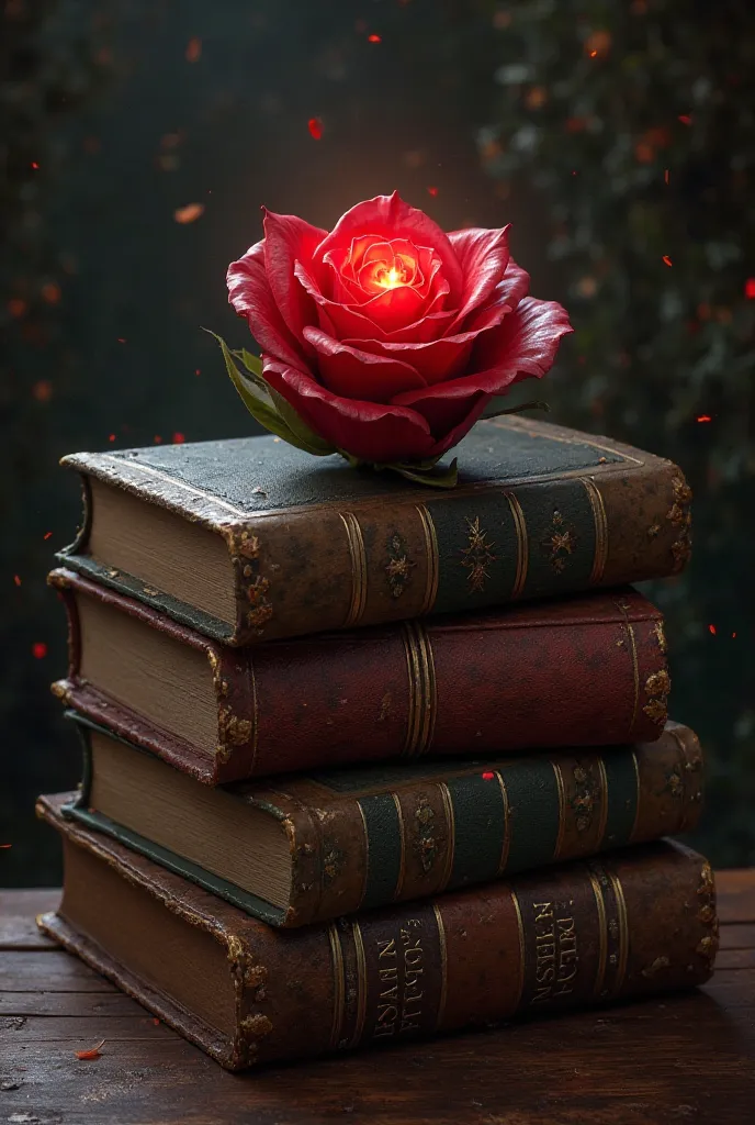 A stack of old rustic books with belle’s rose on top should have a beauty and the beast theme