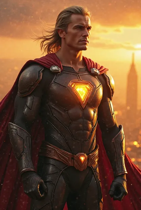 Create an extremely charismatic and imposing superhero. He has a perfectly symmetrical face,  skin with striking features, glowing eyes that emanate confidence and impeccable hair that flows in the wind. His costume is elegant and futuristic, combining adv...