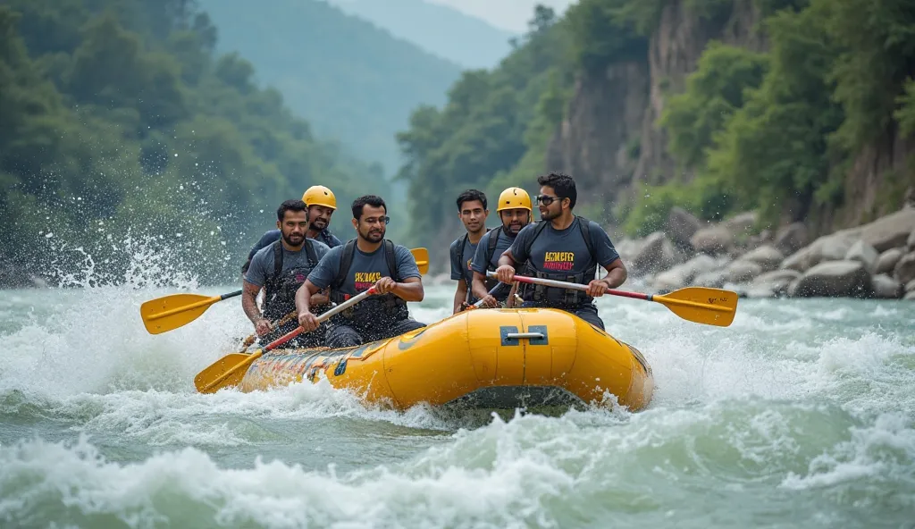 International CORPORATE teams WEARING SAME TSHIRT RISHIKESH RIVER RAFTING WIDE ANGLE HYPER-REALISTIC 8K, UHD Captured on a Google Pixel 8