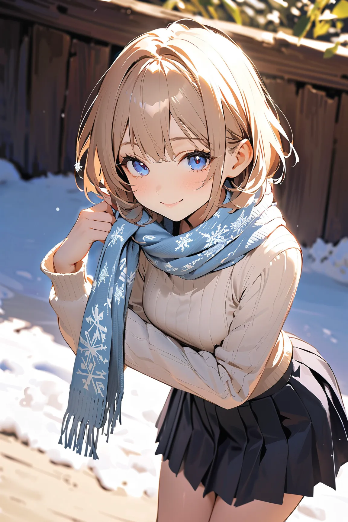 1 girl, (cute face), teenager, (short hair), (wearing a cozy sweater), (small breasts), slim, (pleated skirt), (above knee length), (fair skin), 
BREAK 
snowy beach, (snowflakes swirling:1.2), (holding a scarf:1.2), (smiling softly) 
BREAK 
(natural lighti...