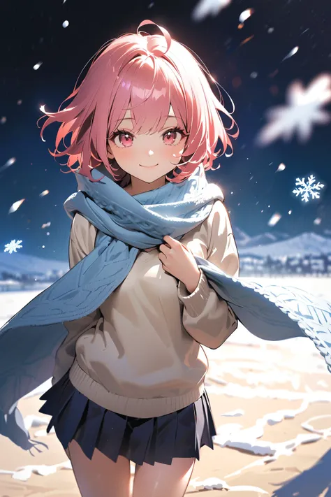 1 girl, (cute face), teenager, (short hair), (wearing a cozy sweater), (small breasts), slim, (pleated skirt), (above knee length), (fair skin), 
BREAK 
snowy beach, (snowflakes swirling:1.2), (holding a scarf:1.2), (smiling softly) 
BREAK 
(natural lighti...