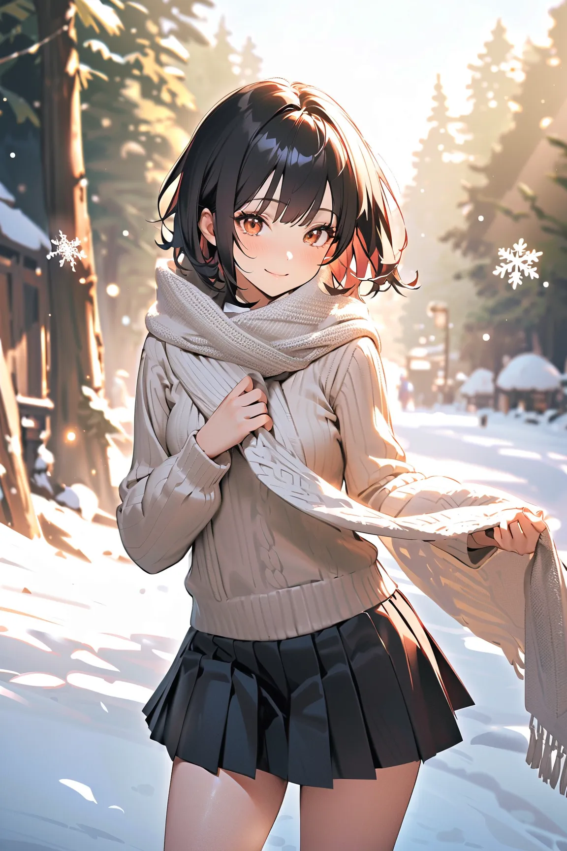 1 girl, (cute face), teenager, (short hair), (wearing a cozy sweater), (small breasts), slim, (pleated skirt), (above knee length), (fair skin), 
BREAK 
snowy beach, (snowflakes swirling:1.2), (holding a scarf:1.2), (smiling softly) 
BREAK 
(natural lighti...