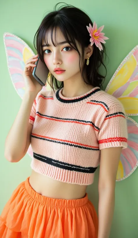 8k,  masterpiece, TOP QUALITY,  beautiful Korean woman, close-up,  with dark hair, Decorative Hairpiece,  bright makeup ,  Hand On Phone Head , Cropped Striped Knit Top,  pink, red, white,  Black Band, Short Ruffle Orange Skirt,  dangling earrings , big fa...