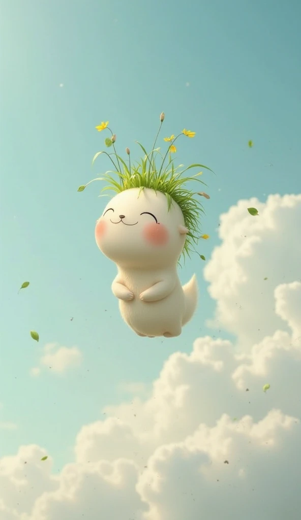 Here’s a prompt inspired by the image:

“A small, whimsical creature with soft, smooth skin and a tuft of green grass growing on its head floats gently through the sky. Its eyes are closed, and it has a peaceful, almost dreamy expression as it drifts among...