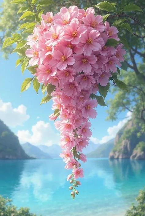 Close-up photo of pink bouquet, leaning down from the tree,Below there is water, Clear Sky 