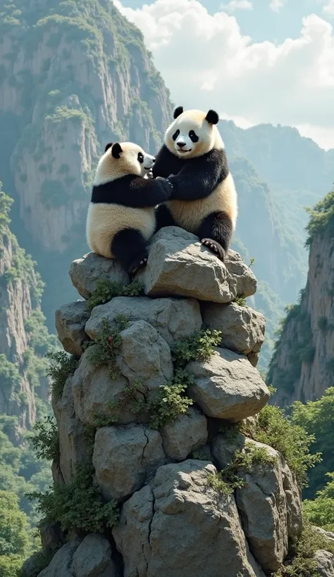 generate an image of two panda on the top of the pile of rock. hyper realistic