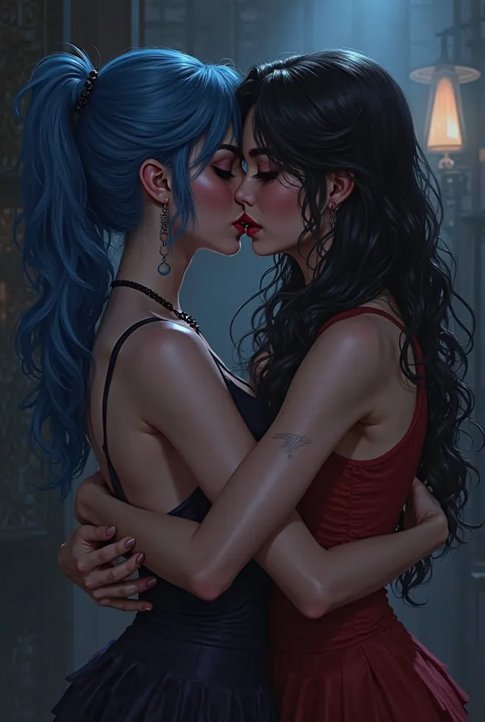 A blue-haired woman kissing the tongue another by a dark-haired woman