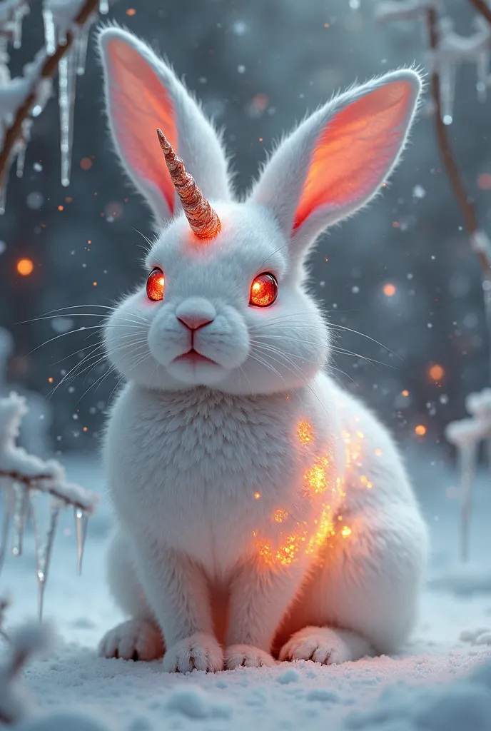 (highly Detailed) (realistic) Evil Fire Crystal cute White Bunny with a unihorn and Fire Crystal Shards and Eyes Fire red  in a snowy Environment 