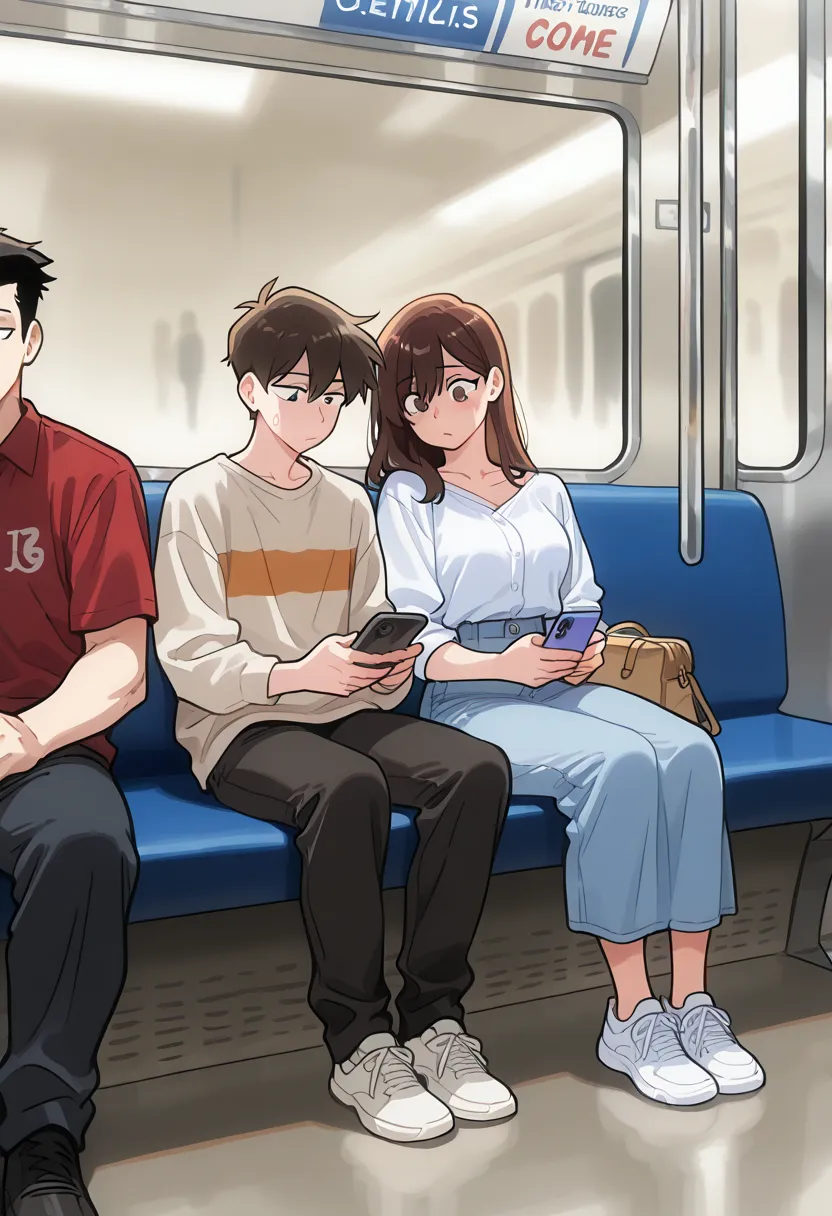 two people in the public subway, a guy and a woman, sitring beside each other, casual clothes, using their cellphones, sitting on the bench, they are sexy, they dont know each other, two strangers, masterpiece, nest quality, amazing quality, heterosexual