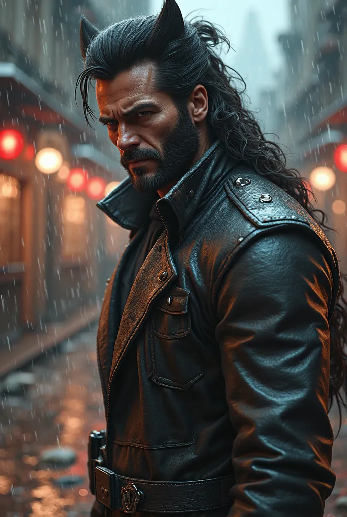 Wolverine ofvil's cyberpunk (Professional 3D renofring:1.3) of (realistic:1.3) foto of arte mais bonita do mundo，Soft Features, brilliant male hero, ((筋肉質of英雄的なfantasy seen downof荒々しい男性濡れた英雄of怒った表情長い髪短いひげと動的なポーズ, Great place, majestoso ambiente ofsorofnado...