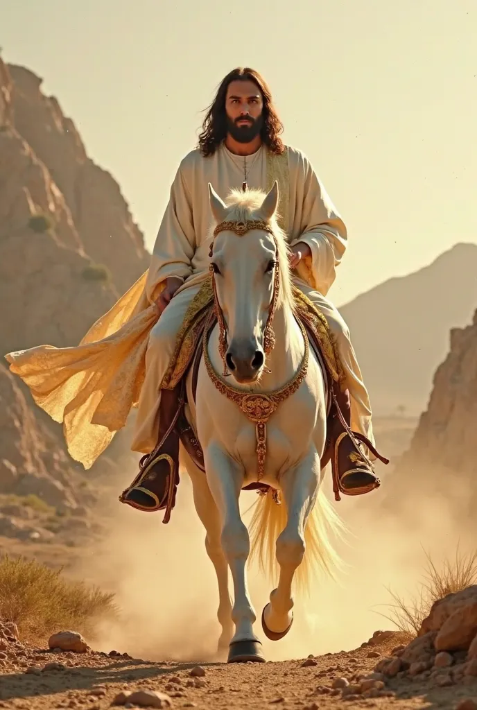 Realistic image of an imposing and powerful Jesus riding a beautiful huge white horse sealed with gold Jesus dressed in white gold perfect seen from the bottom up in a desert with mountains and stones horse walks forward looking hot 