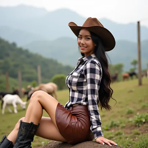 Sexy big boobed Thai Cowgirl, smooth skin, beautiful face, Huge breasts, nice boobed, Dressed as a cowboy, fitted plaid cowboy shirt, not showing off the sexy breasts, sexy short cowgirl skirt, brown leather skirt, showing off beautiful sexy legs, wearing ...