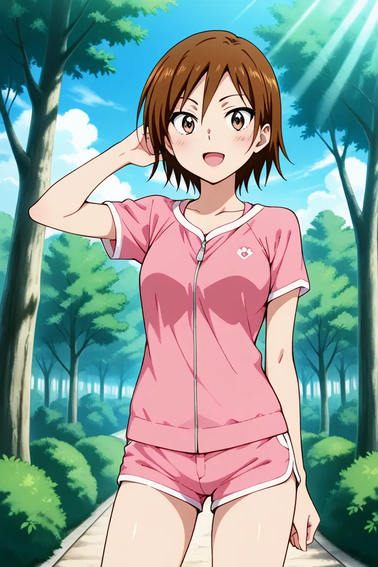  score_9,  score_8_up,  score_7_up,  score_6_up,  exhaustive, 複雑なexhaustive, high definition,  that's ridiculous , source_anime, cowboy shot, Tachibana Aya from Yowamushi Pedal, brown hair, brown eyes , Thin Pink Clothes, shorts、Navy blue clothes, upperbod...