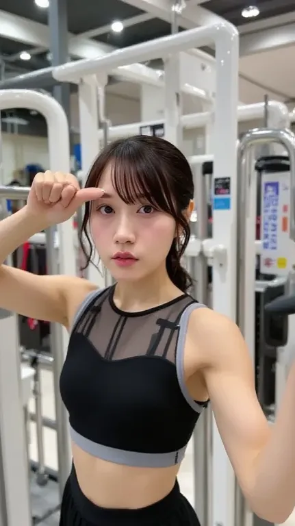 woman training at the gym、 wearing workout clothes and using a training machine while sweating。 background is modern gym equipment 、An energetic and strong expression 。
