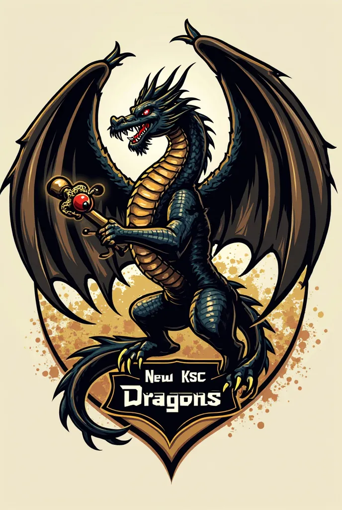 Creat a unique cricket team logo. Include a black or gold dragon with cricket bat and include some unique elements. Need everything very unique. Include the text NEW KSC DRAGONS. 