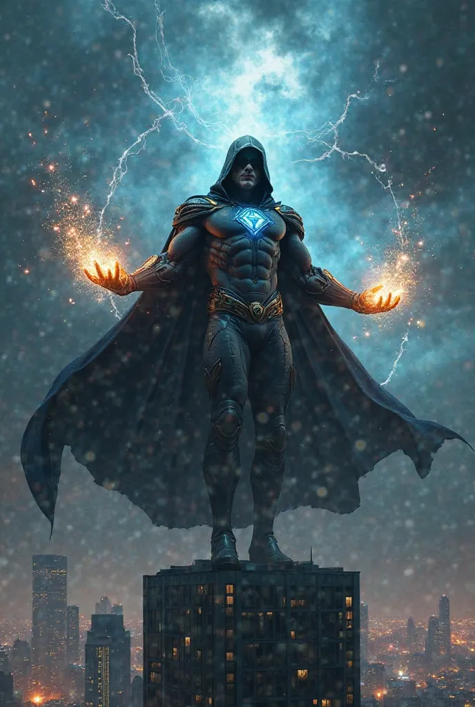 "A powerful original superhero combining elements of strength, agility, Mystery and magic., A long, flowing cape, and a dark hood that partially covers his face. His hands shine with mystical symbols, indicating his supernatural powers. The hero is in an e...