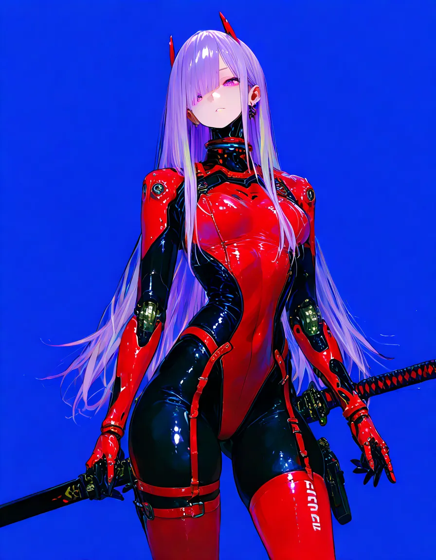     masterpiece、最     high quality  、     high quality  、    very aesthetic、     absurd、    latest、  girls on the left、blonde、     shiny purple long hair 、 purple hair、devil 、      gal、   earrings、   shiny red and black plug suit、 garter belt 、      small ...