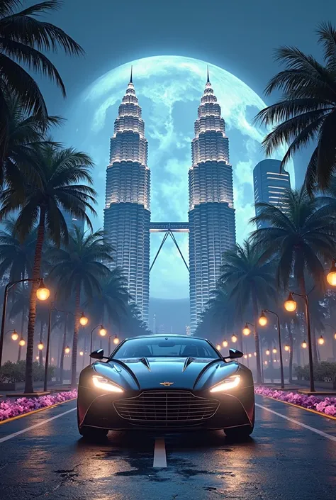 Twin towers Kuala Lumpur in the future life , and moonlight behind and luxury vintage car infront the palms and flower fram of the photo 