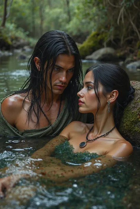 A couple is relaxing in stream. One is a beautiful, fair, fit , lithe, and nubile young half-elven princess with dark hair and green eyes who is a priestess to the goddess of darkness and seduction and wears an amulet with an obsidian disk as a holy symbol...