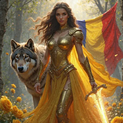 brunette warrior female elegant armour yellow with radiant sword and giant wolf, the Romanian flag in her hand, roses yellow on the floor