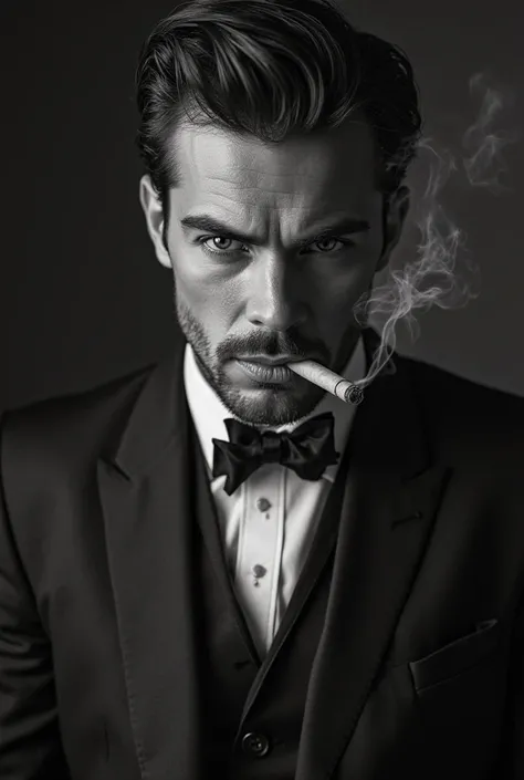 Create a long horizontal black and white image of a handsome man smoking a cigar in an antique suit as a close-up.