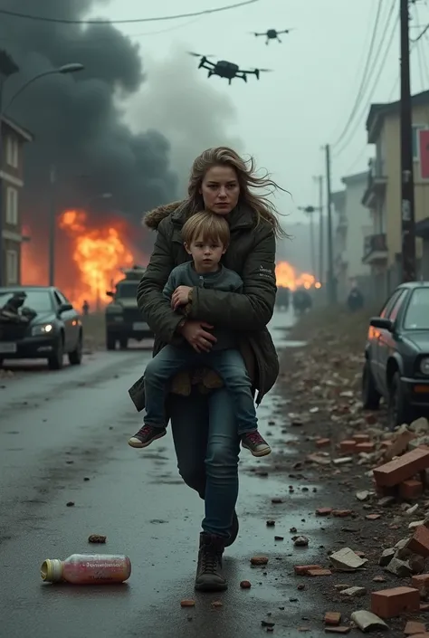 A strong, emotional scene: a young Ukrainian mother in a tattered jacket desperately runs down a broken street in Mariupol, clutching her three-year-old son tightly to her chest. His face is terrified, he hides his head in her shoulder. Behind them - fiery...