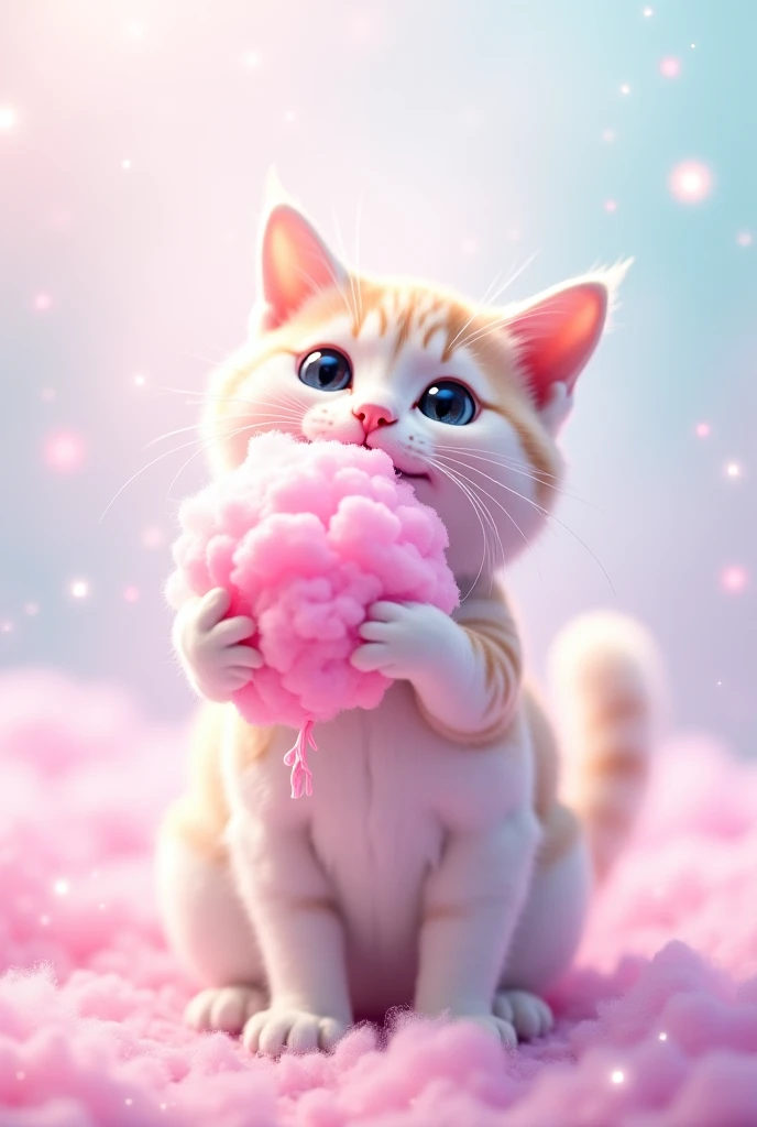 Whiskers cat eating cotton candy 