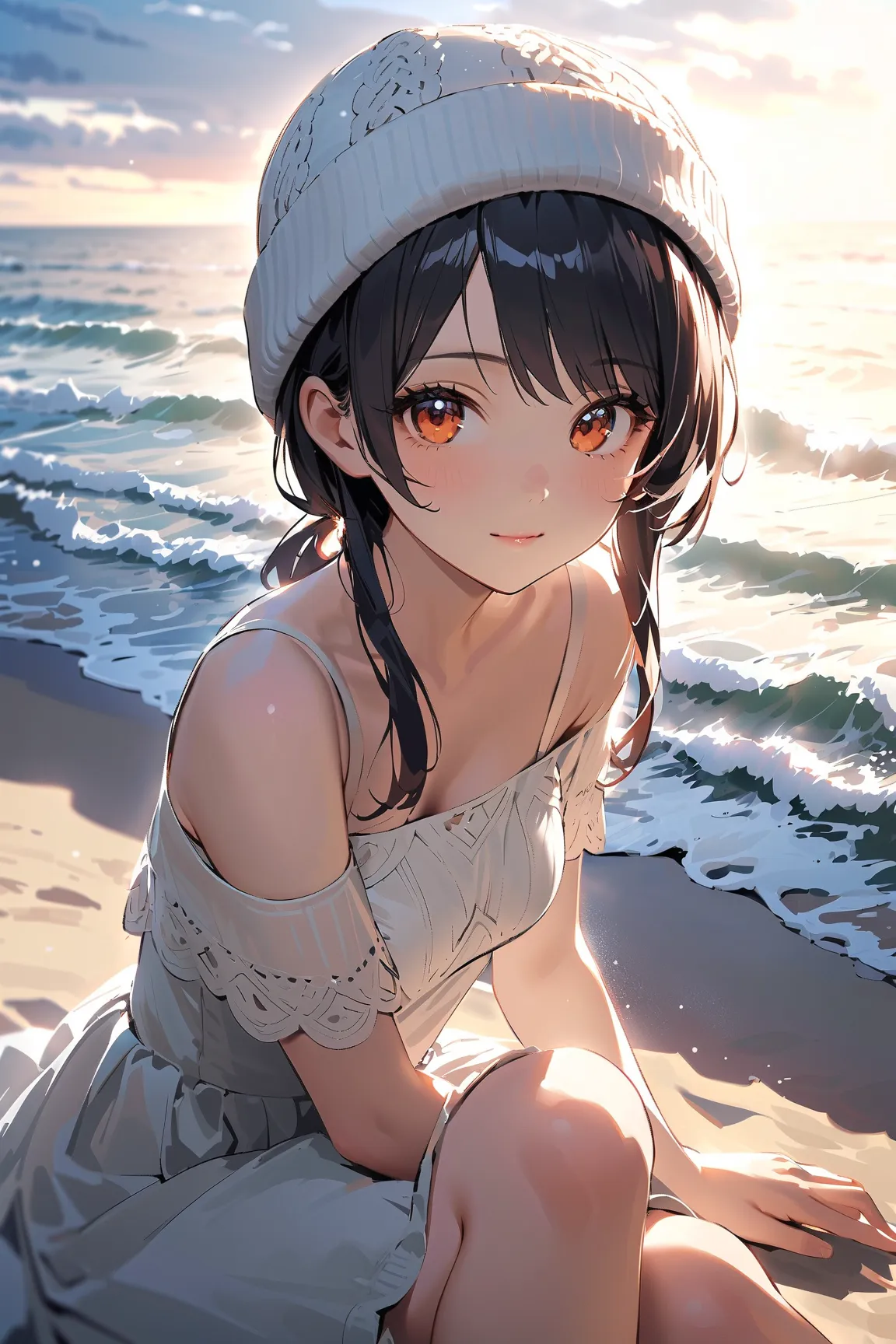 1 girl, (adorable face), young adult, (medium length hair), (wearing a knitted hat), (medium breasts), slim, (fluffy skirt), (knee length), (smooth skin), 
BREAK 
winter coastline, (snow falling gently:1.2), (sitting on the sand:1.2), (looking at the sea) ...