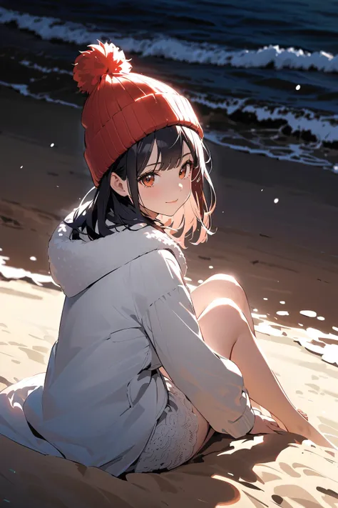 1 girl, (adorable face), young adult, (medium length hair), (wearing a knitted hat), (medium breasts), slim, (fluffy skirt), (knee length), (smooth skin), 
BREAK 
winter coastline, (snow falling gently:1.2), (sitting on the sand:1.2), (looking at the sea) ...