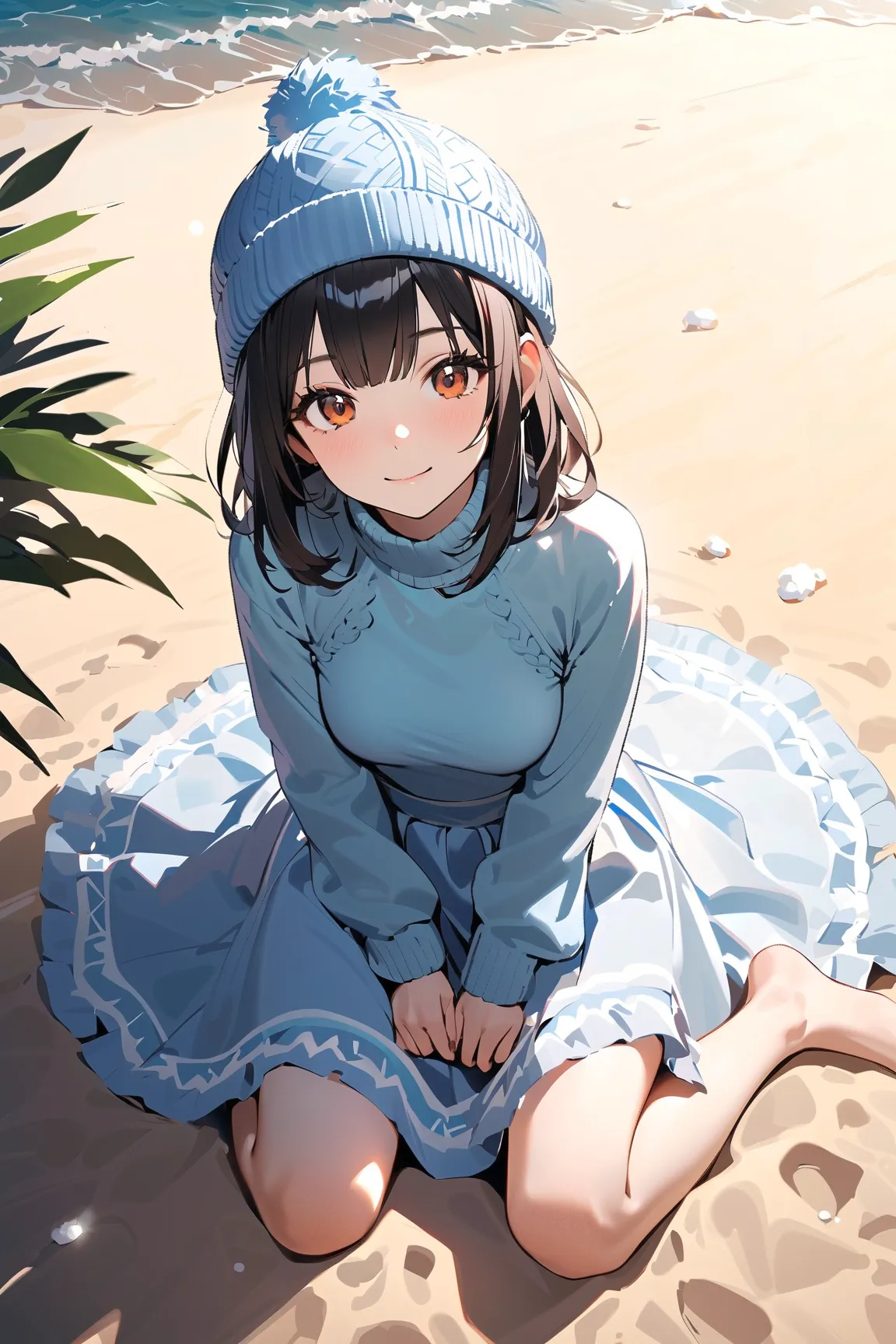 1 girl, (adorable face), young adult, (medium length hair), (wearing a knitted hat), (medium breasts), slim, (fluffy skirt), (knee length), (smooth skin), 
BREAK 
winter coastline, (snow falling gently:1.2), (sitting on the sand:1.2), (looking at the sea) ...