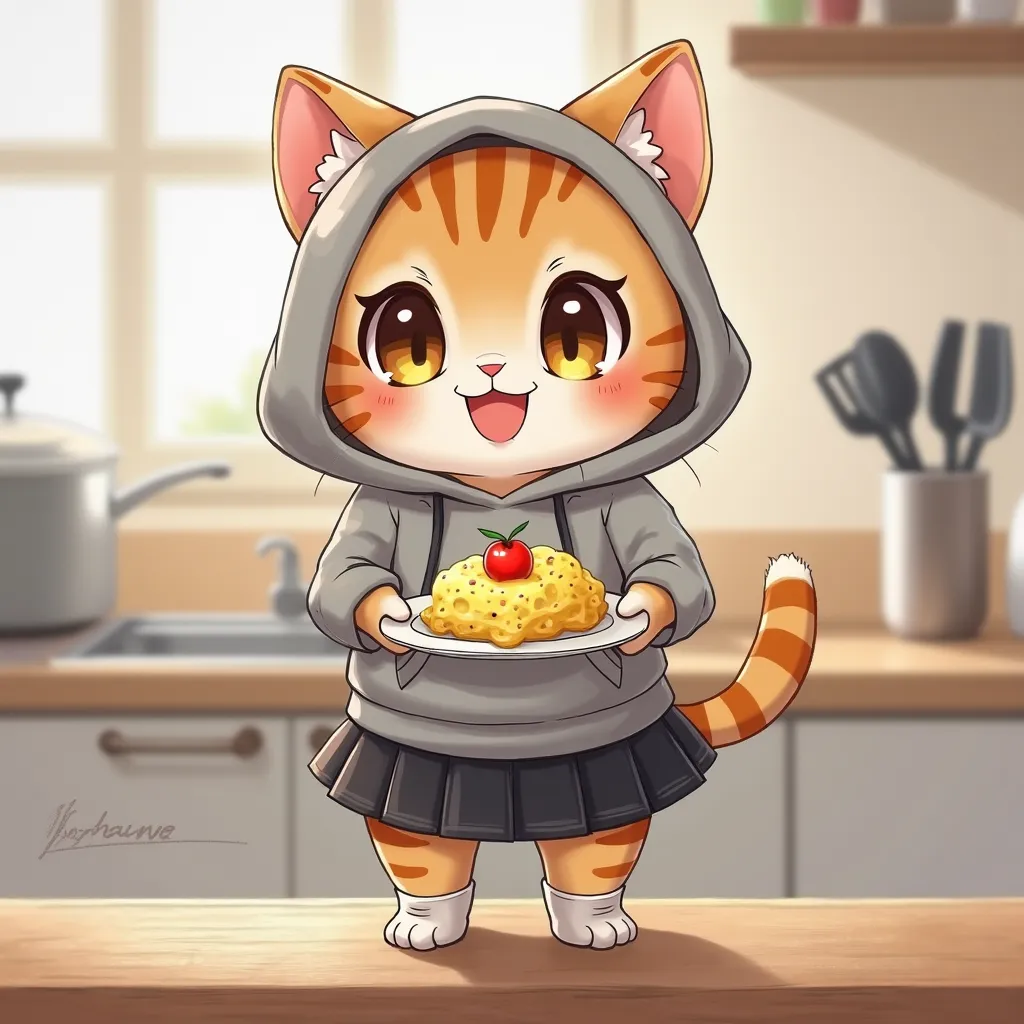  baby cat drawn in size 25 , 1 adorable baby cat , A realistic cat is standing on 2 legs ,smile, is on the table, the eyes look like beautiful marbles ,Detailed and realistic coat ,Don&#39;t blur the background,1 is wearing a gray hoodie and a black skirt,...