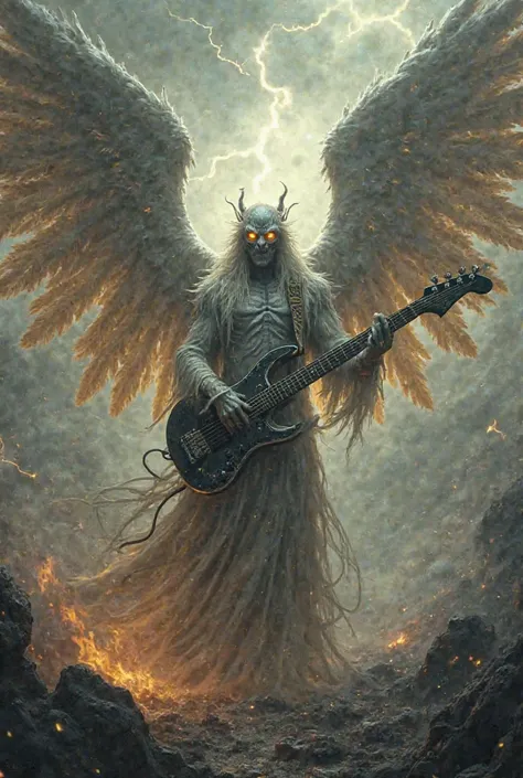 Biblically correct villain angel who has wings and packs and an electric guitar as components 