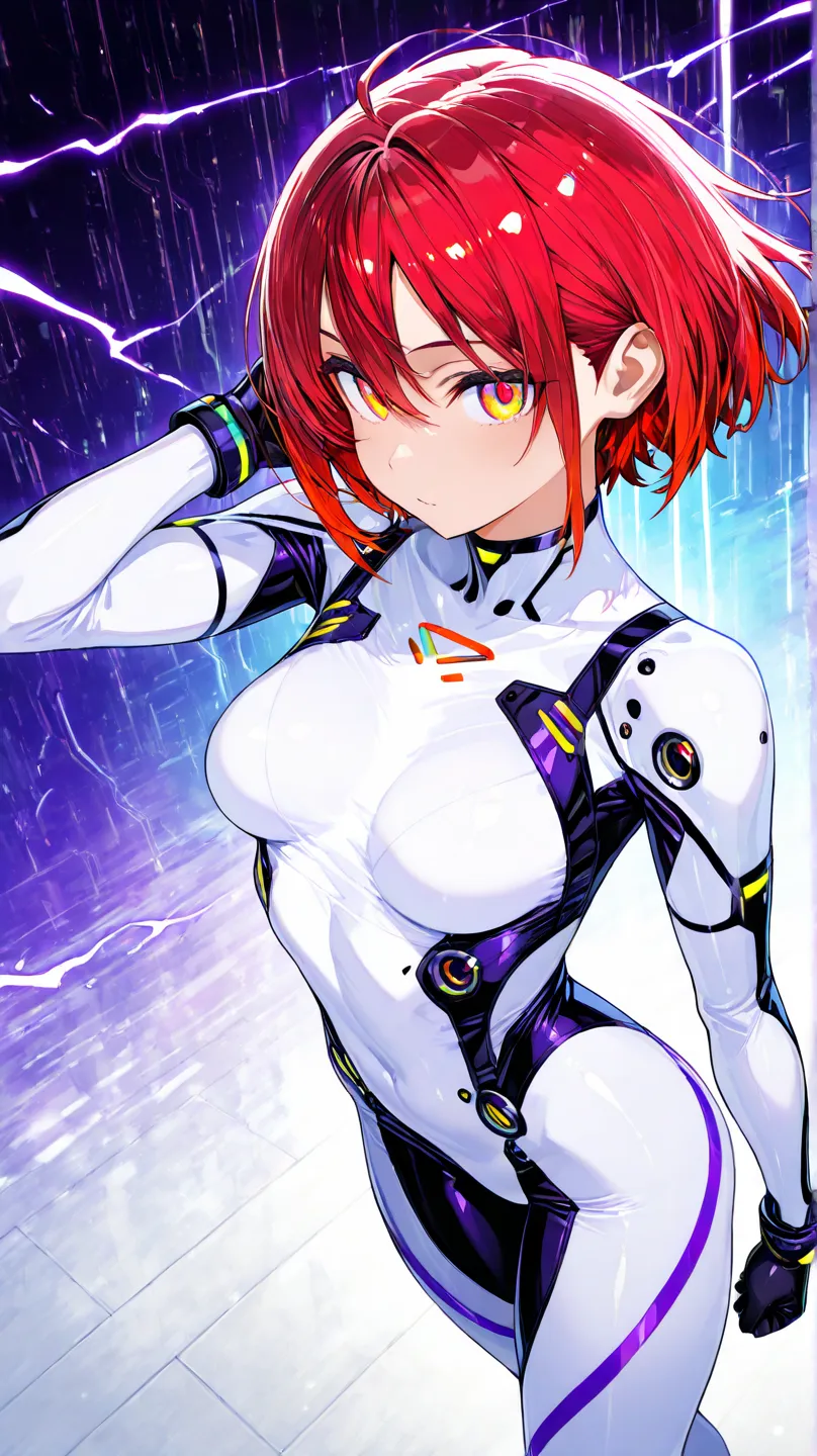 A highly detailed anime-style female character with a futuristic, sci-fi design. She wears a sleek, form-fitting high-tech suit in deep purple, featuring intricate mechanical details and glowing white energy lines. Her physique is slender and athletic, exu...