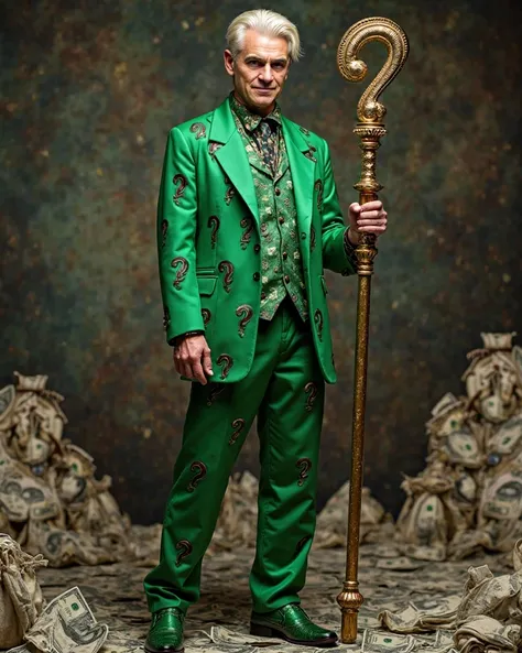 The Riddler in the image has an extravagant and iconic look. He wears a vibrant green suit covered with several black question marks, reinforcing his identity as an enigmatic villain. The costume includes matching pants and green shoes with black details.
...